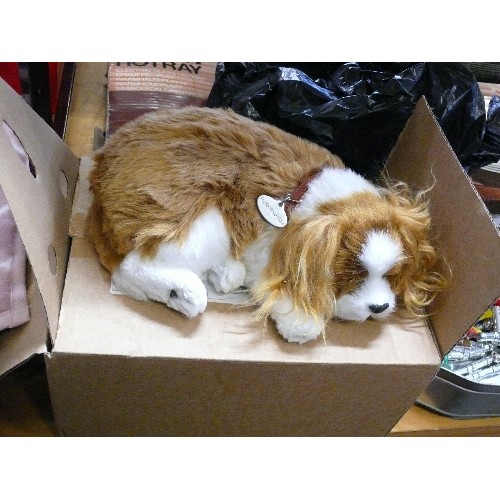 283 - A PRECIOUS PETZZZ CAVALIER KING CHARLES HUGGABLE, LIFE LIKE BREATHING PET WITH ORIGINAL BOX.