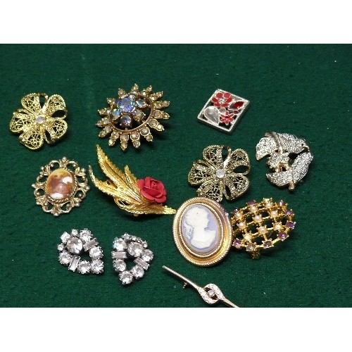3 - A GOOD SELECTION OF VINTAGE BROOCHES INCLUDING LOVE BIRDS ON A BRANCH, GILT FILIGREE FLOWERS, CAMEO ... 