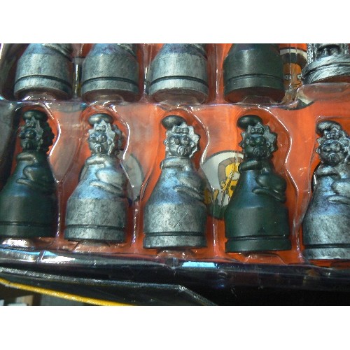 377 - THE SIMPSONS CHESS SET, ANTIQUED METAL STYLE, BOXED.