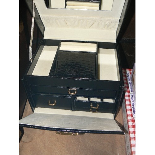 378 - TWO JEWELLERY CHESTS - ONE BLACK WITH DRAWERS AND HANDLE AND A BUTTERYFLY CHEST STORAGE BOX WITH CON... 