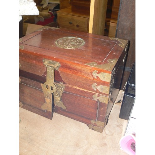 380 - LARGE HARDWOOD CHINESE JEWELLERY BOX,  EXTERIOR DOORS REVEALING THREE DRAWERS, LINED IN RED (ONE DOO... 