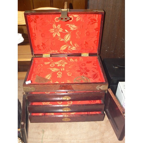 380 - LARGE HARDWOOD CHINESE JEWELLERY BOX,  EXTERIOR DOORS REVEALING THREE DRAWERS, LINED IN RED (ONE DOO... 