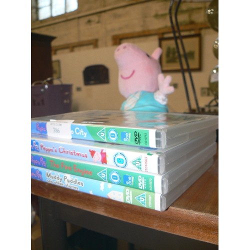 386 - FOUR PEPPA PIG DVD'S AND A PEPPA PIG SOFT TOY.