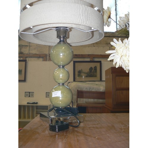 390 - TABLE LAMP WITH SAGE GREEN GLOBE STEM AND CREAM SHADE.