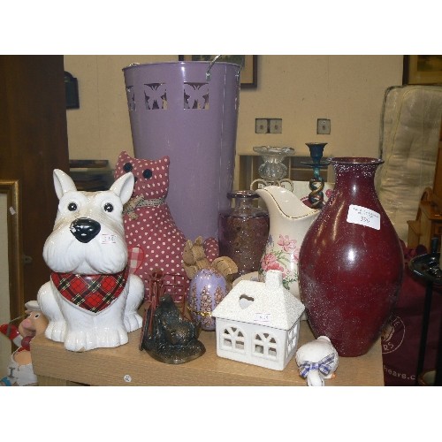 396 - WHITE SCOTTIE DOG BISCUIT JAR,  RED VASE, PINK GLSS VASE, LOVEHEART DOUBLE PICTURE FRAME, EGG TRINKE... 