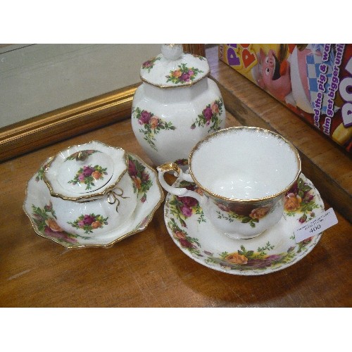 399 - FOUR PIECES OF 'OLD COUNTRY ROSE, CUP AND SAUCER, LIDDED URN, DISH AND TRINKET POT.