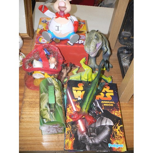 398 - QUANTITY OF MIXED QUALITY CHILDREN TOYS - STAR WARS BOOK, PIG POP GAME,  DINOSAURS ETC.