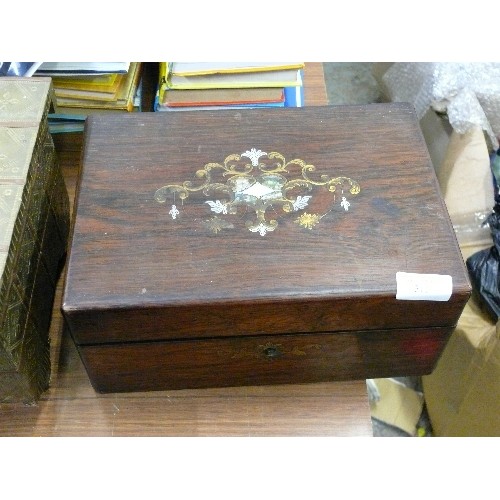 311 - VICTORIAN MAHOGANY VENEER STATIONERY BOX WITH MOTHER OF PEARL INLAY.