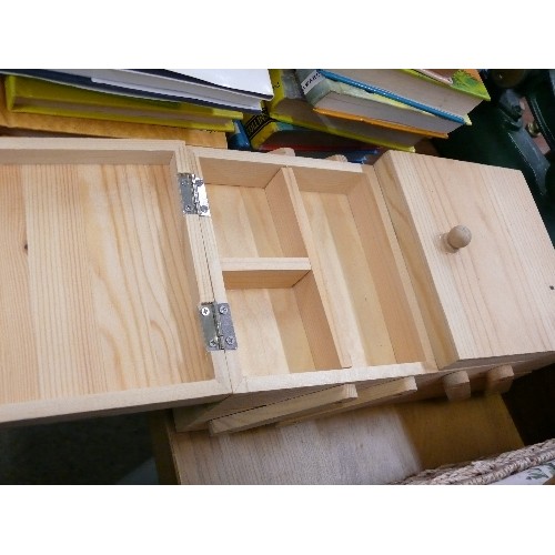 320 - A CANTILEVER THREE SECTION PINE SEWING BOX  WITH TWO OTHER SEWING BOXES PLUS A LONG SLIM KNITTING NE... 