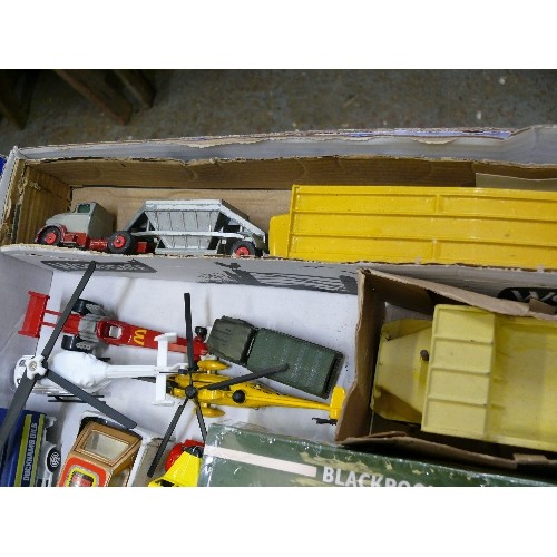 345 - MIXED COLLECTORS BOX OF CARS, TRAMS, HELICOPTERS AND OTHER VEHICLES INCLUDING DINKY, CORGI AND ATLAS... 