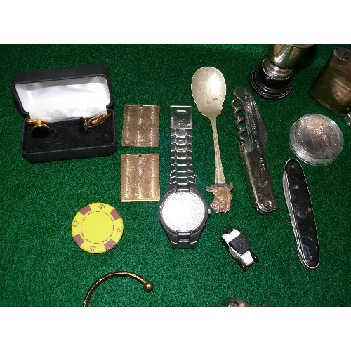 54B - MIXED GENTS ITEMS - CUFFLINKS, BROTHER-LITE BRASS LIGHTER AND ANOTHER, SEKONDA WATCH, 1938 SILVER PL... 
