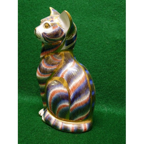 56 - ROYAL CROWN DERBY CAT IN GOLD AND BLUE.