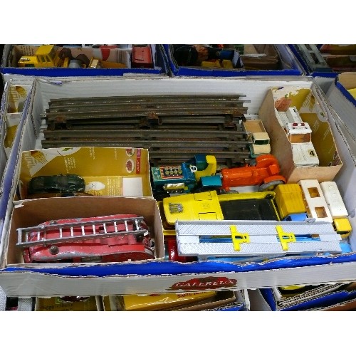 353 - MIXED COLLECTORS BOX OF CARS, TRAIN TRACK AND OTHER VEHICLES INCLUDING CORGI, DINKY AND MATCHBOX.