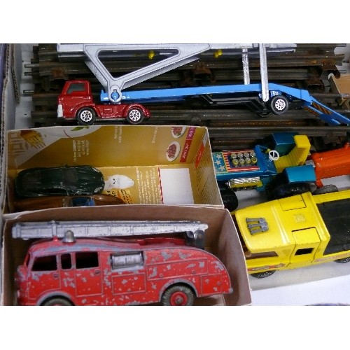 353 - MIXED COLLECTORS BOX OF CARS, TRAIN TRACK AND OTHER VEHICLES INCLUDING CORGI, DINKY AND MATCHBOX.