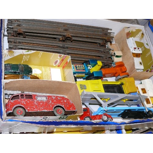 353 - MIXED COLLECTORS BOX OF CARS, TRAIN TRACK AND OTHER VEHICLES INCLUDING CORGI, DINKY AND MATCHBOX.