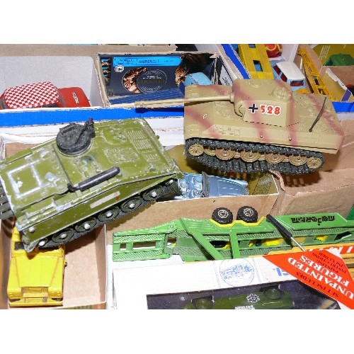 354 - MIXED COLLECTORS BOX OF CARS, MILITARY AND OTHER VEHICLES INCLUDING DINKY AND CORGI.