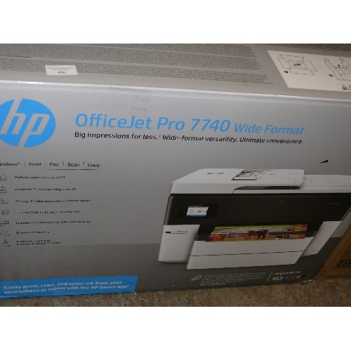 406 - A BOXED HP OFFICE JET PRO 7740 WIDE FORMAT PRINT, FAX, SCAN, COPY PRINTER.