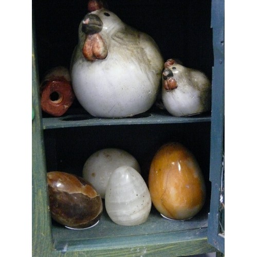 450 - WOODEN DECORATIVE CHICKEN COUPE WITH CERAMIC GLAZED CHICKENS AND ONYX EGGS.