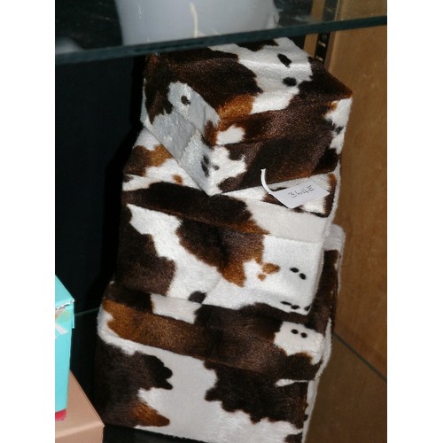 364E - FAUX COWHIDE STAGGERED STORAGE BOXES.