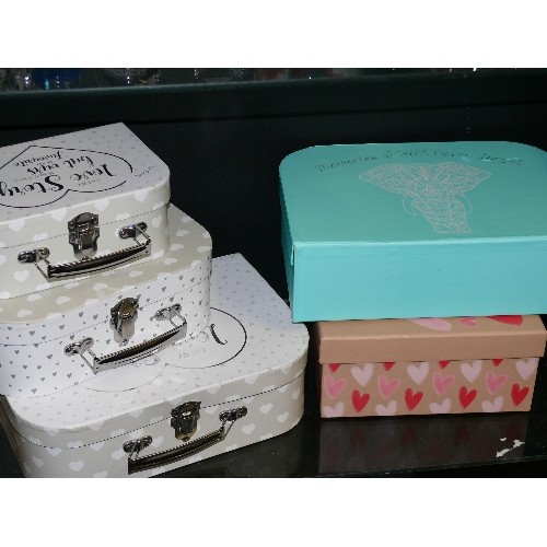 364F - THREE STAGGERED STORAGE SUITCASE STYLE BOXES AND ONE OTHER IN TURQUOISE AND A STORAGE BOX WITH LOVEH... 