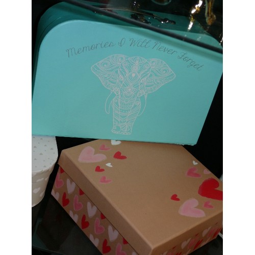 364F - THREE STAGGERED STORAGE SUITCASE STYLE BOXES AND ONE OTHER IN TURQUOISE AND A STORAGE BOX WITH LOVEH... 