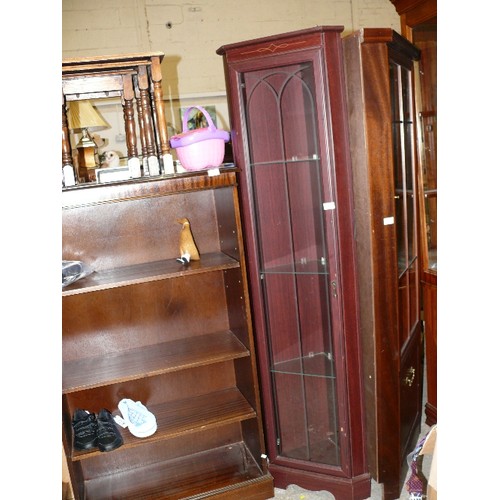 479 - MAHOGANY STYLE SLIMLINE CORNER DISPLAY CABINET WITH ETCHED GLASS DOORS.