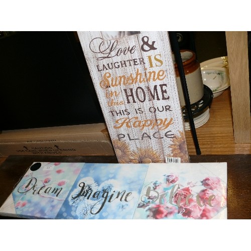 505 - METALIC CANVAS WALL HANGINGS '  'DREAM, IMAGINE, BELIEVE' AND A WOOD EFFECT LIVE LAUGH PHOTOFRAME, B... 