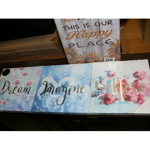 505 - METALIC CANVAS WALL HANGINGS '  'DREAM, IMAGINE, BELIEVE' AND A WOOD EFFECT LIVE LAUGH PHOTOFRAME, B... 