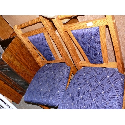 510 - TWO SOLID PINE DINING CHAIRS WITH BLUE UPHOLSTERY.