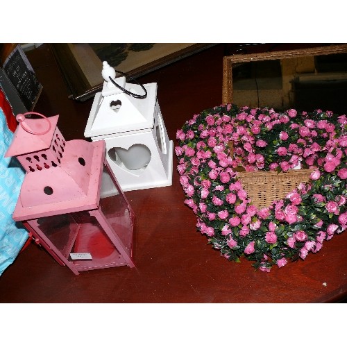 514 - PINK METAL CANDLE LANTERN, WHITE WOODEN LANTERN AND A ROSE LOVEHEART WREATH.