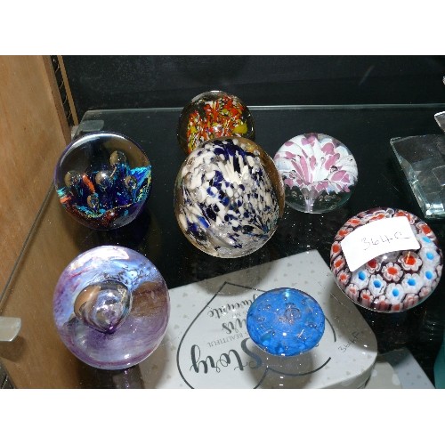 364C - SEVEN MULTI-COLOURED GLASS PAPERWEIGHTS INCLUDING TWEED MUIR GLASS.