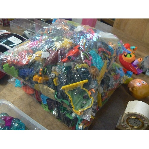 374 - TWO BAGS OF SMALL TOYS, ANIMAL, FIGURES AND CARS PLUS TIGER DOG AND OTHER LARGER FIGURES.