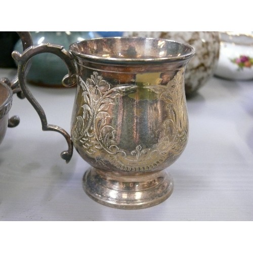 449 - SILVERPLATE SMALL TANKARD, SALT, GRAVYBOAT, SPOON AND SMALL HEAVY DUCK FIGURES.