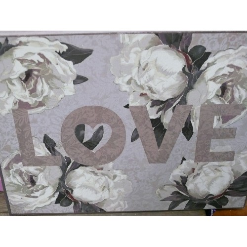 458 - LARGE PINK HEART PHOTO FRAME FOR MULTIPLE PICTURES, 'LOVE' CANVAS, WITH WHITE ROSES AND A LARGE 'LOV... 