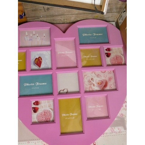 458 - LARGE PINK HEART PHOTO FRAME FOR MULTIPLE PICTURES, 'LOVE' CANVAS, WITH WHITE ROSES AND A LARGE 'LOV... 