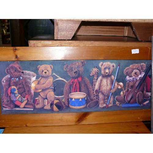 512 - BEAR PRINT 'SIGN OF THE TIME' IN A GREEN WASH PINE FRAME ALSO MUSICAL BEARS PRINT IN THICK PINE FRAM... 