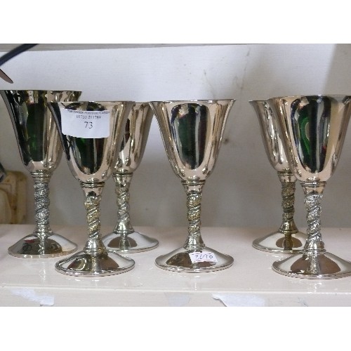 73 - SIX FALSTAFF SILVER PLATED WINE GOBLETS - ONE OF WHICH SLIGHTLY LARGER THAN THE OTHER 5