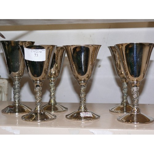 73 - SIX FALSTAFF SILVER PLATED WINE GOBLETS - ONE OF WHICH SLIGHTLY LARGER THAN THE OTHER 5