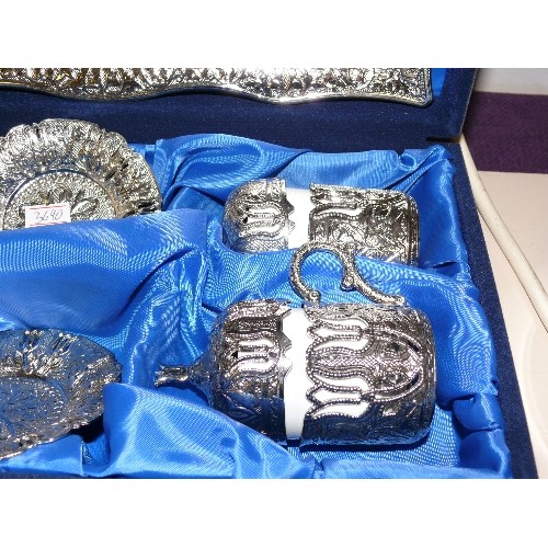 85 - SILVER COLOURED METAL INDIAN WEDDING SERVING SET - TRAY, TWO SMALL PLATES AND LIDDED CUPS WITH SMALL... 