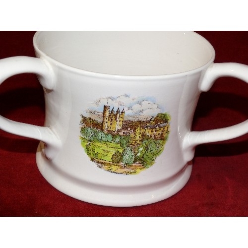 86 - LARGE THREE HANDLED MUG DECORATED WITH PICTURES OF BALMORAL CASTLE.