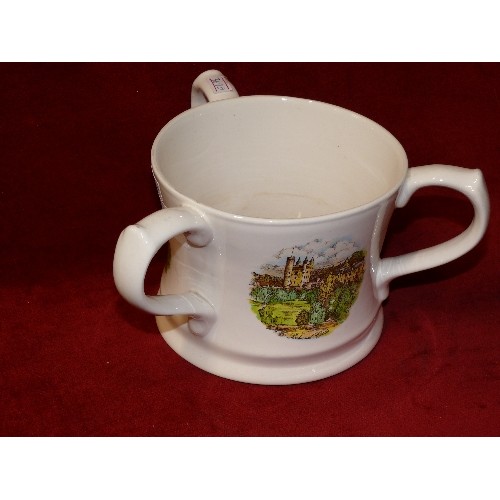 86 - LARGE THREE HANDLED MUG DECORATED WITH PICTURES OF BALMORAL CASTLE.