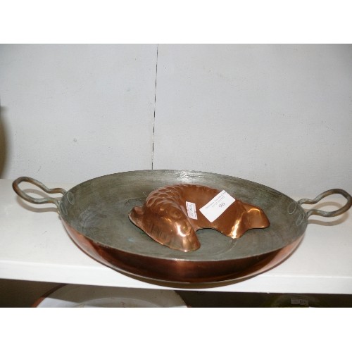 96 - COPPER FISH MOLD AND COPPER DOUBLE HANDLED SKILLET.