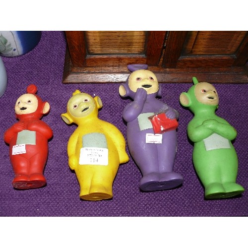 114 - COMPLETE SET OF FOUR VINTAGE TELETUBBIES TINKY WINKY, LA LA, DIPSY AND PO.