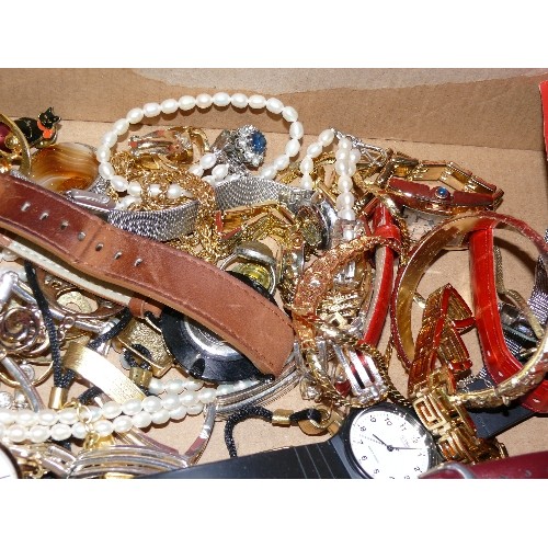 61 - BOX OF MIXED WATCHES AND COSTUME JEWELLERY.