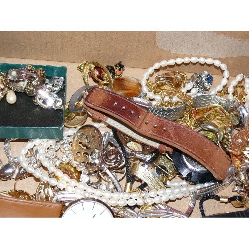 61 - BOX OF MIXED WATCHES AND COSTUME JEWELLERY.