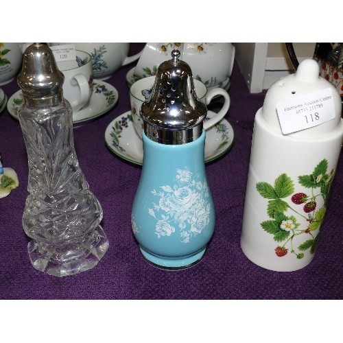 118 - THREE DECORATIVE SUGAR SHAKERS.