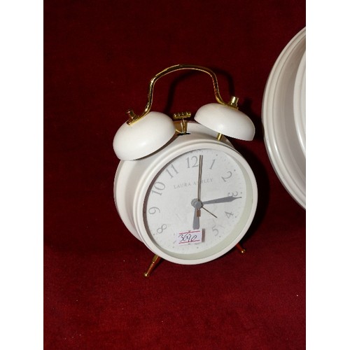 125 - A LAURA ASHLEY METAL WALL CLOCK PLUS A LAURA ASHLEY ALARM CLOCK AND A FURTHER ALARM CLOCK BY NEWGATE... 