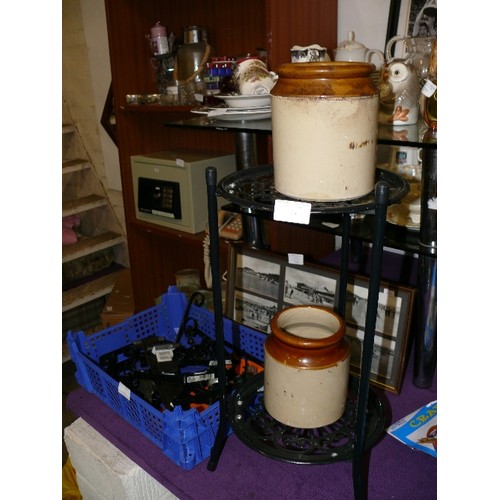 154 - A PAIR OF STONEWARE POTS PLUS A TWO TIER METAL PLANT STAND.