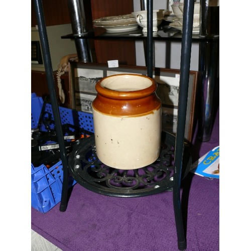 154 - A PAIR OF STONEWARE POTS PLUS A TWO TIER METAL PLANT STAND.