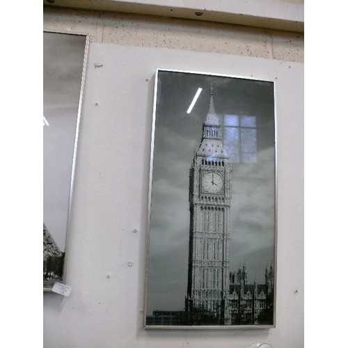 175 - A PAIR OF DECORATIVE BLACK AND WHITE PICTURES OF BIG BEN AND THE EIFEL TOWER WITH GLITTER DETAIL.